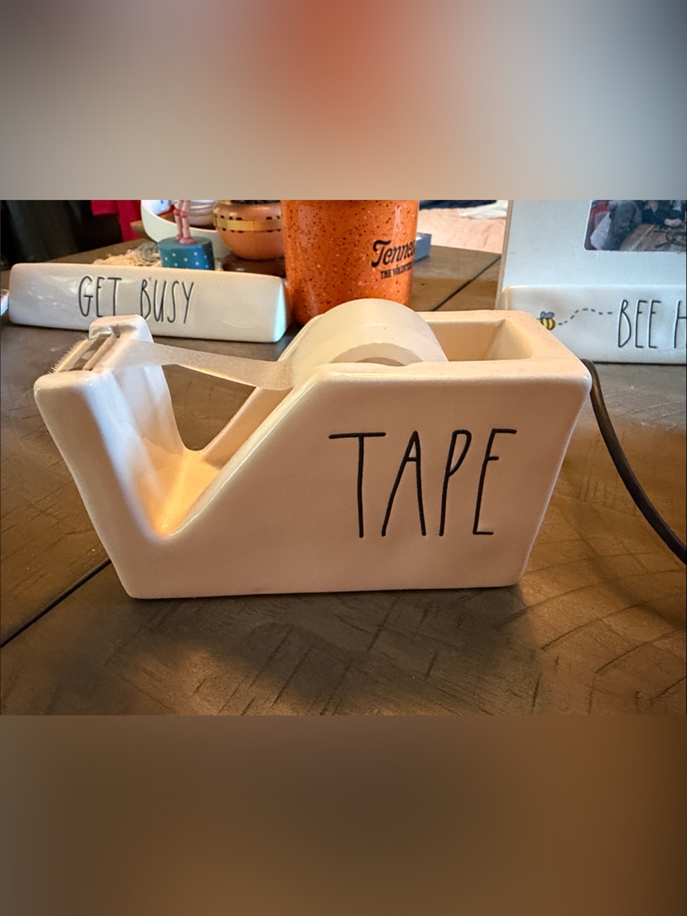 Rae Dunn White Ceramic Tape Dispenser with Black Lettering